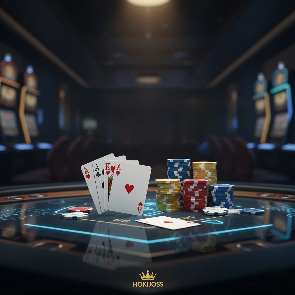 Banner Hokijoss untuk artikel cara bermain Omaha dengan ilustrasi meja poker modern dan empat kartu di tangan pemain