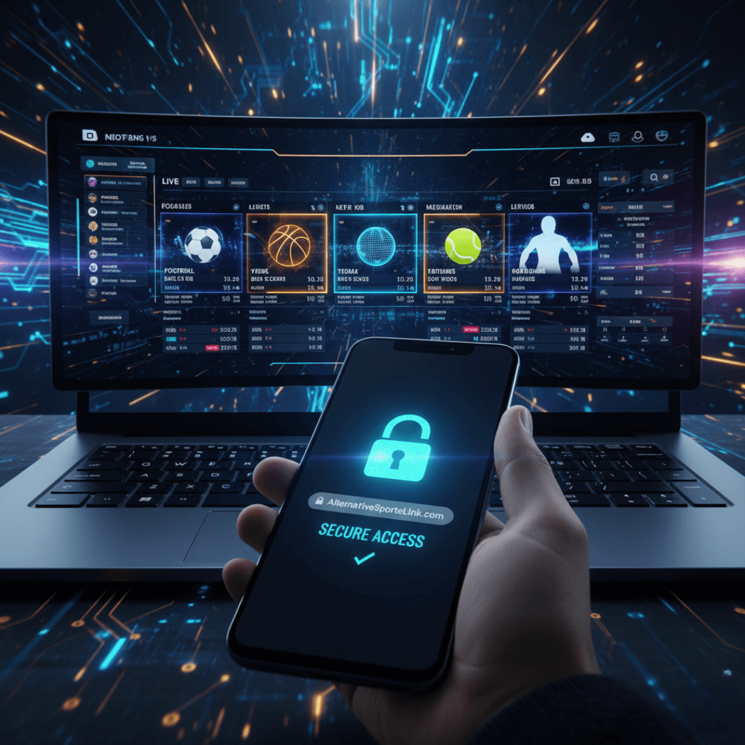 Laptop dengan antarmuka taruhan olahraga UG Lotto dan smartphone yang menampilkan ikon gembok dan link alternatif aman.