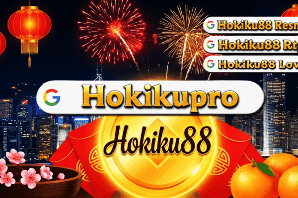 Ilustrasi konsep Hokiku88 Puncak Rejeki di dekat perayaan Chinese New Year dengan koin emas, angpao, dan kembang api.