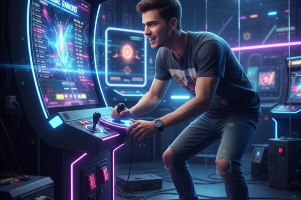 Gamer pemula bermain arcade games gratis di Hokijoss, fokus dan seru, dengan efek neon futuristik dan leaderboard global.