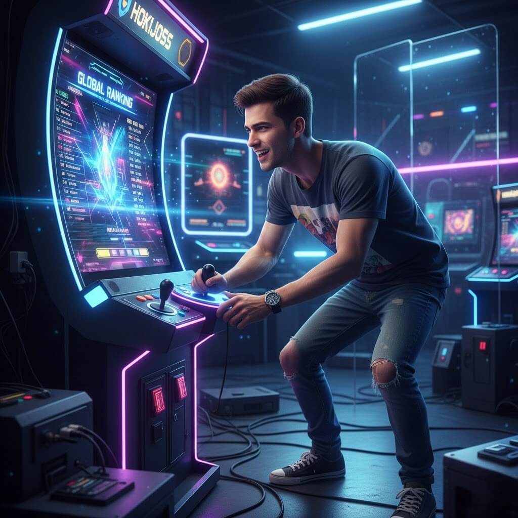 Gamer pemula bermain arcade games gratis di Hokijoss, fokus dan seru, dengan efek neon futuristik dan leaderboard global.