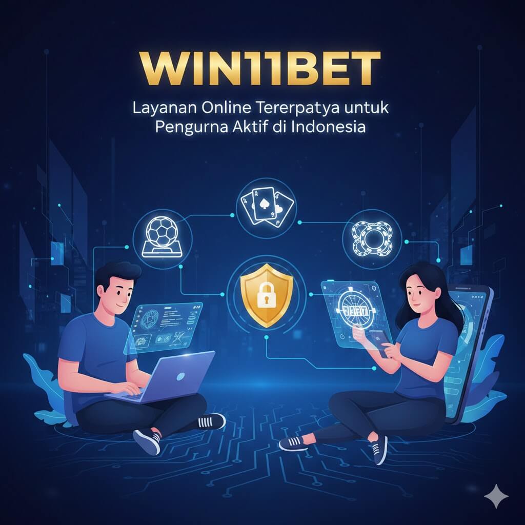 Ilustrasi WIN11BET layanan online terpercaya di Indonesia dengan taruhan olahraga, slot interaktif, dan pengalaman aman di laptop dan smartphone